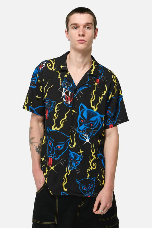 Image of a model wearing Tops. Productname: Panther Punk Short Sleeve Shirt in Black colour by brand - Dangerfield