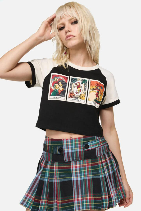 Image of a model wearing Tops. Productname: Tarot Card Raglan Tee in Black colour by brand - Dangerfield