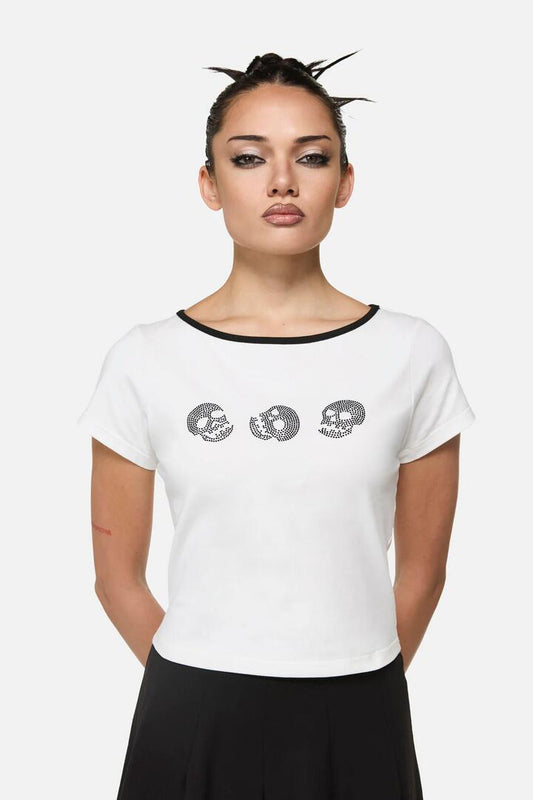 Image of a model wearing Tops. Productname: Numbskull Goth Print Tee in Cream colour by brand - Black Friday
