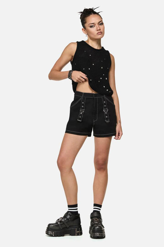 Image of a model wearing Shorts. Productname: Curse D-Ring Goth Short in Black colour by brand - Black Friday