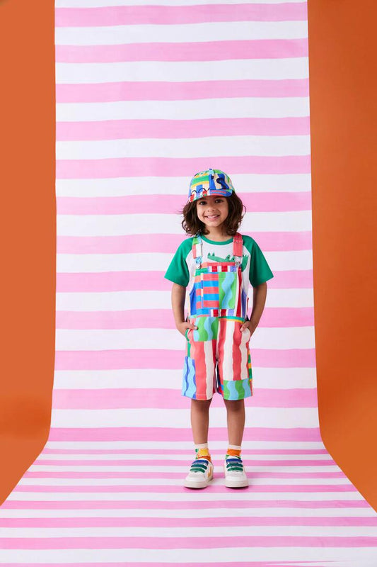 Image of a model wearing Pants. Product name - Stripe Mix Kids Overalls in Multi colour by brand - Gorman