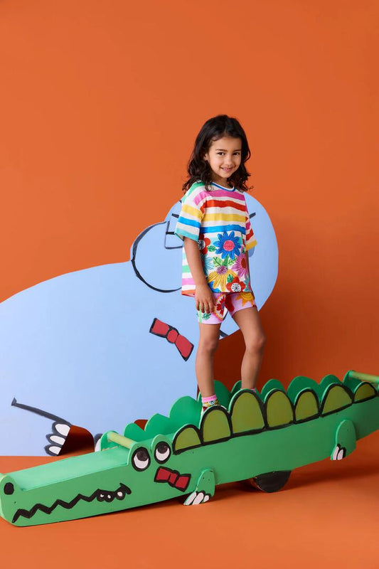 Image of a model wearing Tops. Productname: Floral Stripe Kids SS Tee in Multi colour by brand - Gorman