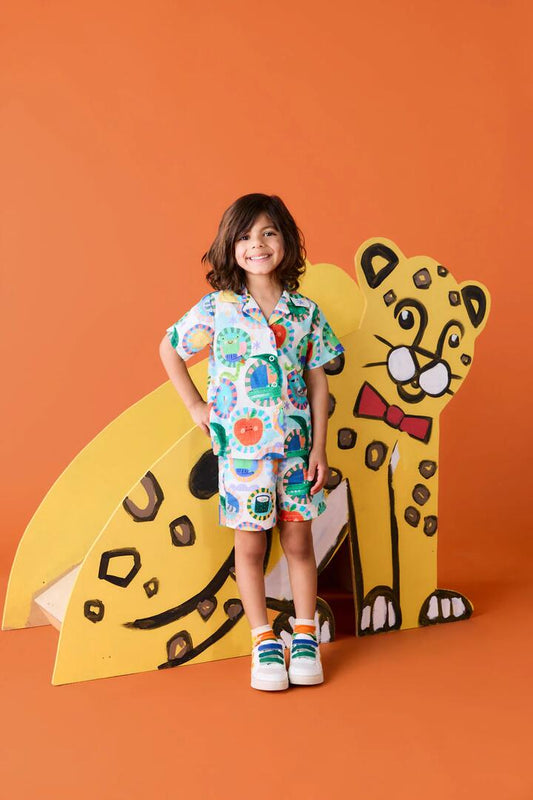 Image of a model wearing Tops. Productname: Animal Stamp Kids Shirt in Cream colour by brand - Gorman