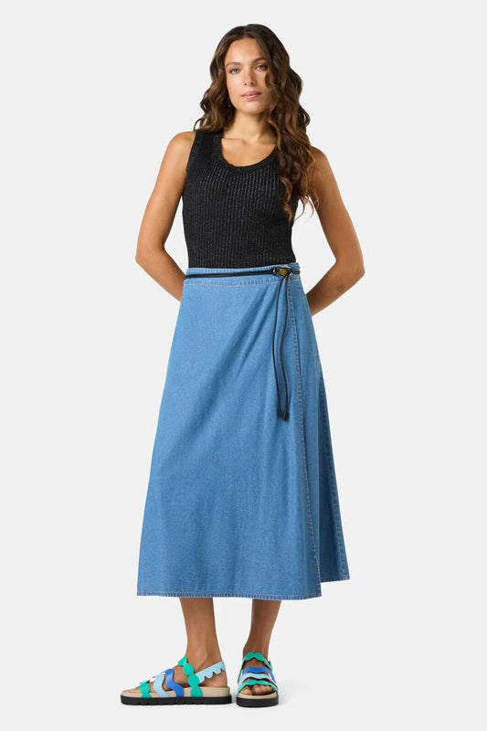 Image of a model wearing Skirts. Productname: Summer Tomasa Skort in Mid Blue colour by brand - Gorman