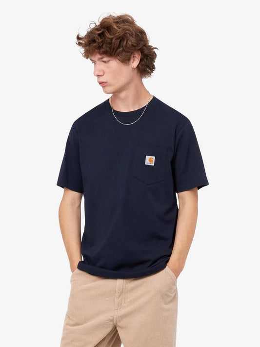 Image of a model wearing Tops. Productname: Carhartt Wip Short Sleeve Pocket T-Shirt in Dark Navy colour by brand - Carhartt Wip