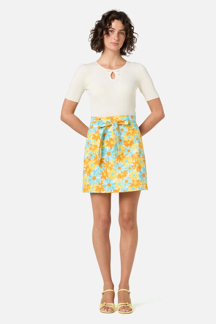 Image of a model wearing Skirts. Productname: Vintage Daisy Mini Skirt in Blue colour by brand - Princess Highway