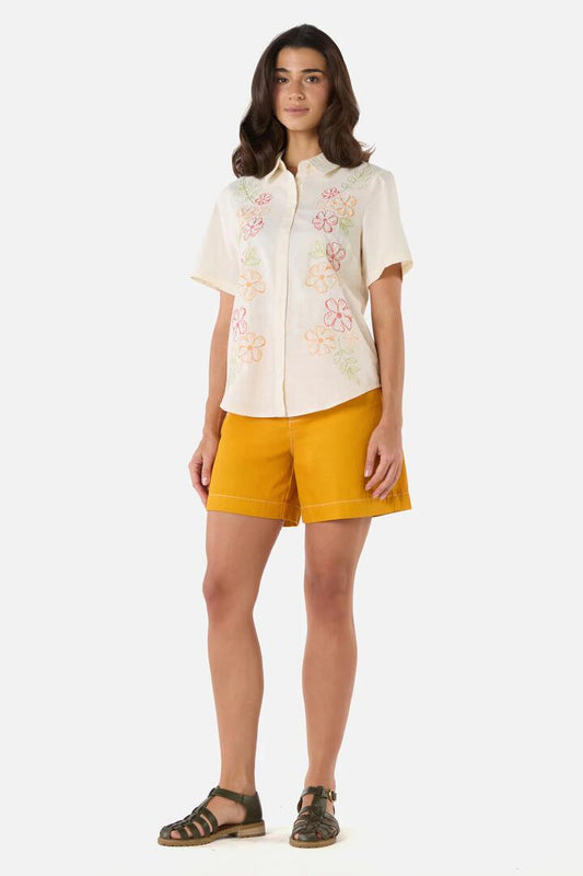 Image of a model wearing Tops. Productname: Alexa Flower Embroidered Shirt in Cream colour by brand - Princess Highway