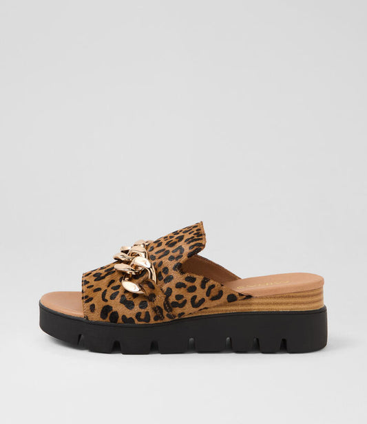 Image of Sandals. Productname: Rheas Tan Leopard Black Pony Sandals in TAN LEOPARD-BLACK SOLE colour by brand - MIDAS