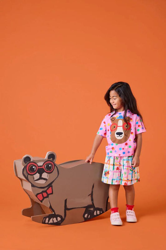 Image of a model wearing Tops. Productname: Party Bear Kids Tee in Pink colour by brand - Gorman