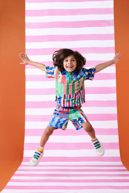 Image of a model wearing Shorts. Productname: Woohoo Stripe Kids Shorts in Multi colour by brand - Gorman