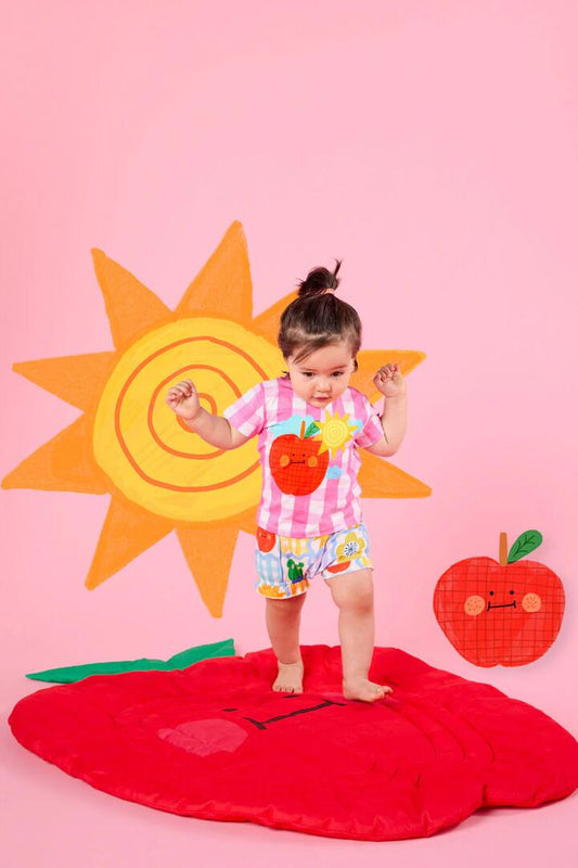 Image of a model wearing Tops. Productname: Apple Check Baby SS Tee in Pink colour by brand - Gorman