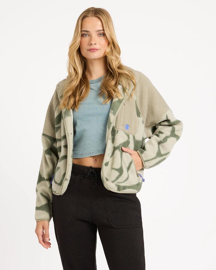 Image of a model wearing Outerwear. Product name - Billabong Womens Popoyo Snap Up Fleece Jacket Seagrass in Seagrass colour by brand - Billabong