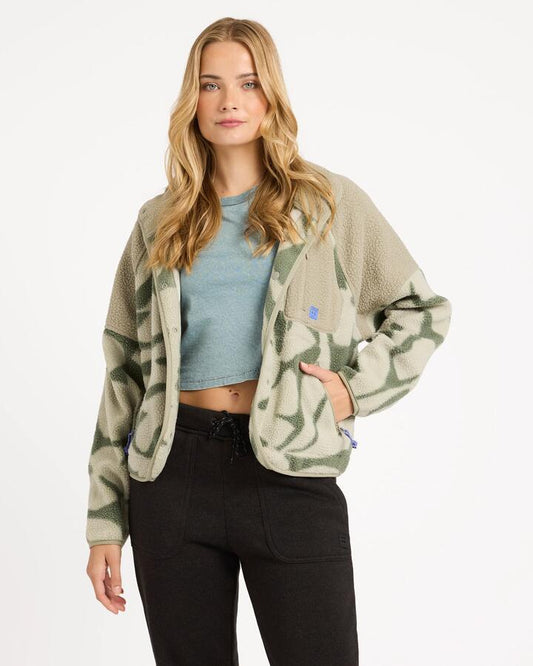 Image of a model wearing Outerwear. Product name - Billabong Womens Popoyo Snap Up Fleece Jacket Seagrass in Seagrass colour by brand - Billabong