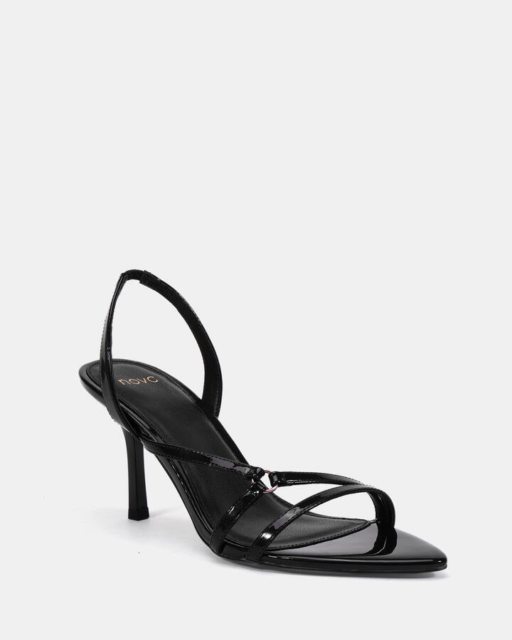 Image of Heels. Product name - Zoppi Black Patent Vegan Heels in Black colour by brand - Novo
