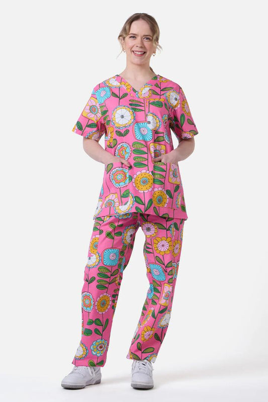 Image of a model wearing Uniforms & Workwear. Productname: Botanical Wallpaper Scrub Set in Pink colour by brand - Gorman