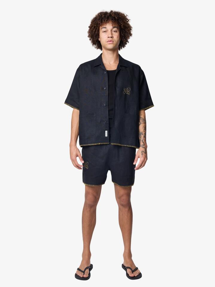 Image of a model wearing Tops. Productname: Article One Goleta Shirt in BLACK colour by brand - Article One