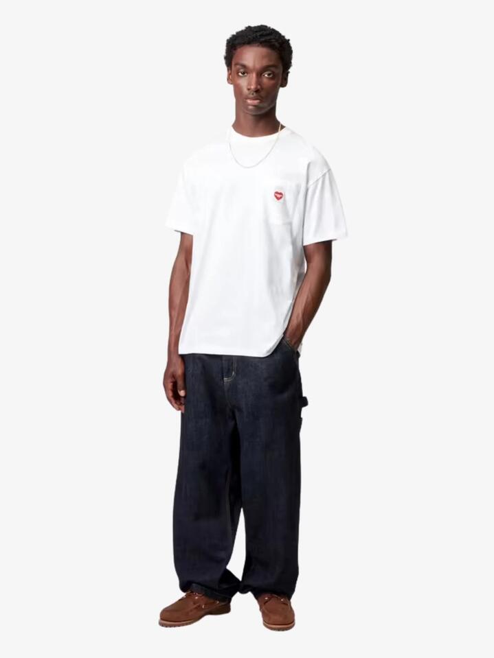 Image of a model wearing Pants. Productname: Carhartt Wip Og Single Knee Pant in Blue Rinsed colour by brand - Carhartt Wip