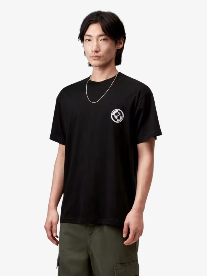 Image of a model wearing Tops. Productname: Carhartt Wip Short Sleeve C Logo Archive T-Shirt in Black colour by brand - Carhartt Wip