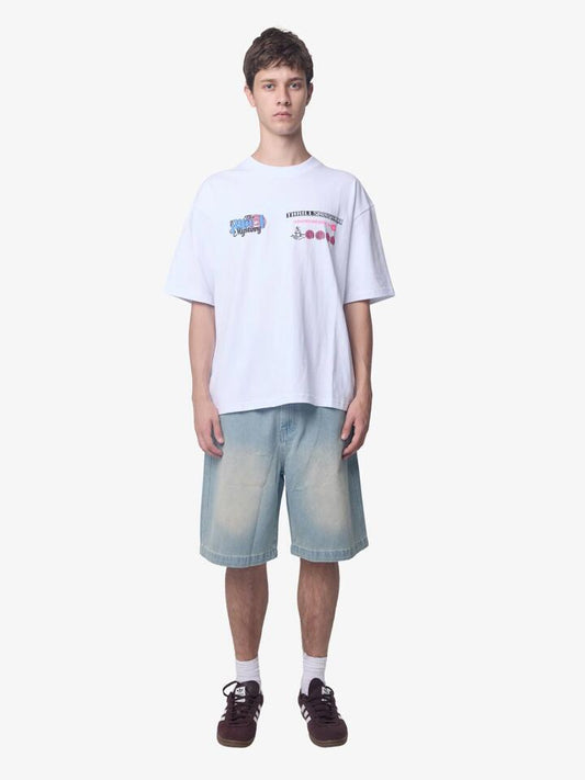 Image of a model wearing Tops. Productname: Thrills Everything Returns Back To Earth Tee in White colour by brand - Thrills