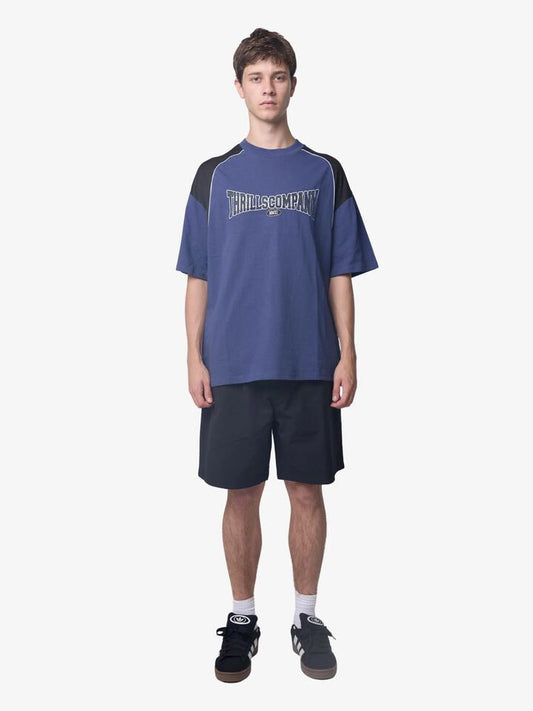 Image of a model wearing Tops. Productname: Thrills Stakes Are High Box Fit Tee in Guardian Navy colour by brand - Thrills