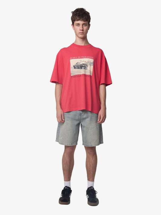 Image of a model wearing Tops. Productname: Thrills Metal And Dust Box Crop Tee in Flame Red colour by brand - Thrills