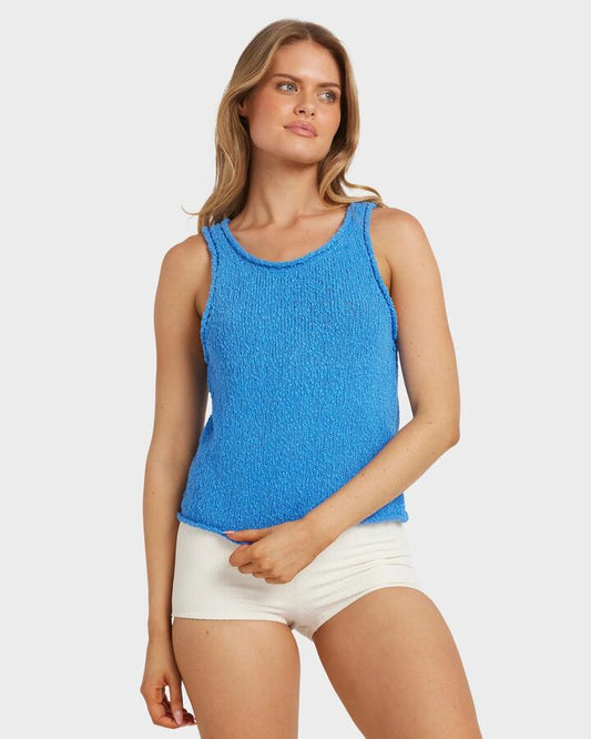 Image of a model wearing Tops. Productname: Billabong - Womens All Day Me Knit Tank Top - Tidal Blue - in Tidal Blue colour by brand - Billabong