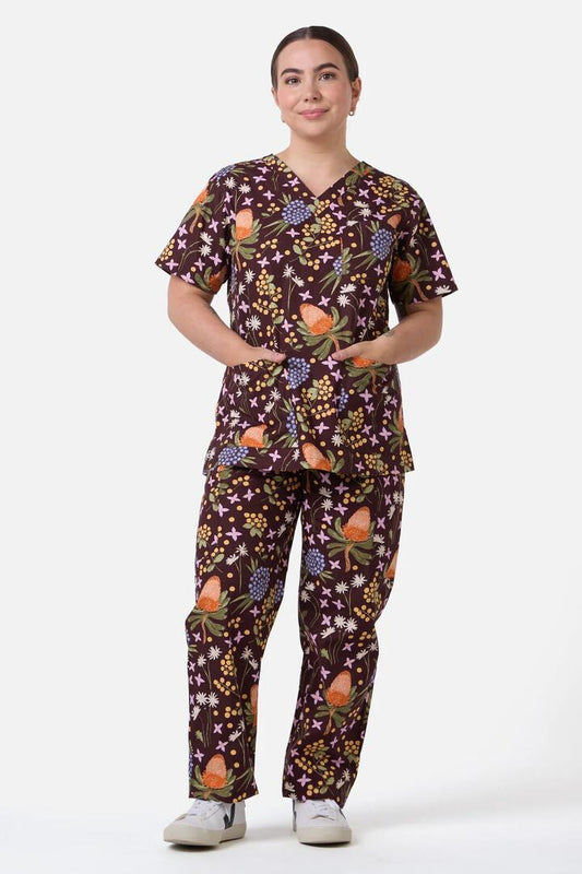 Image of a model wearing Uniforms & Workwear. Productname: Banksia Bouquet Scrub Set in Chocolate colour by brand - Scrubs With Love