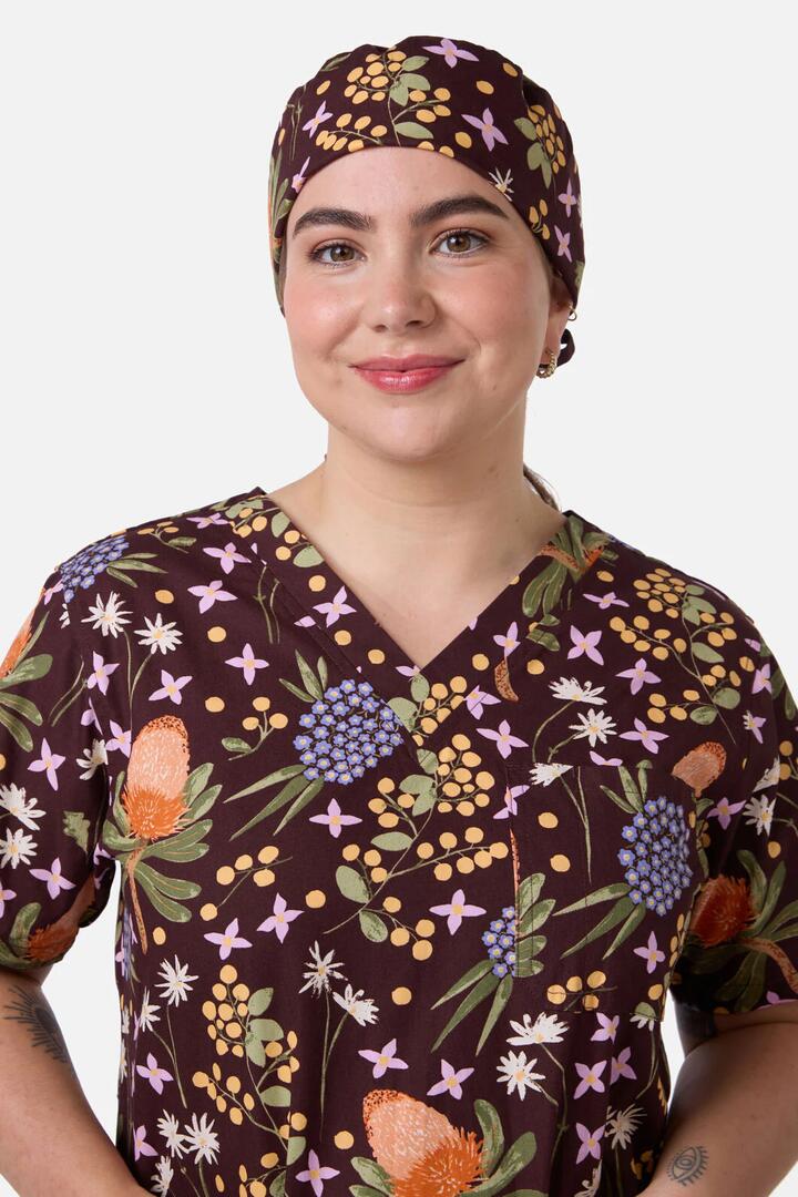 Image of Hats. Productname: Banksia Bouquet Scrub Hat in Chocolate colour by brand - Scrubs With Love