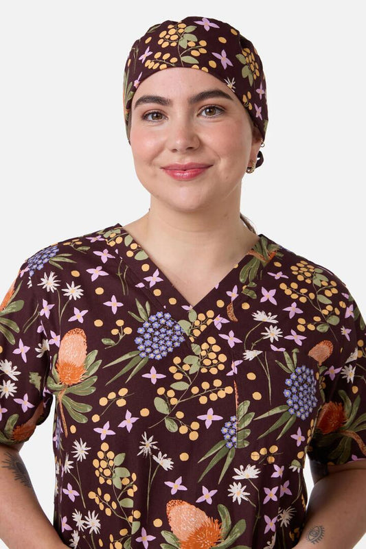 Image of Hats. Productname: Banksia Bouquet Scrub Hat in Chocolate colour by brand - Scrubs With Love