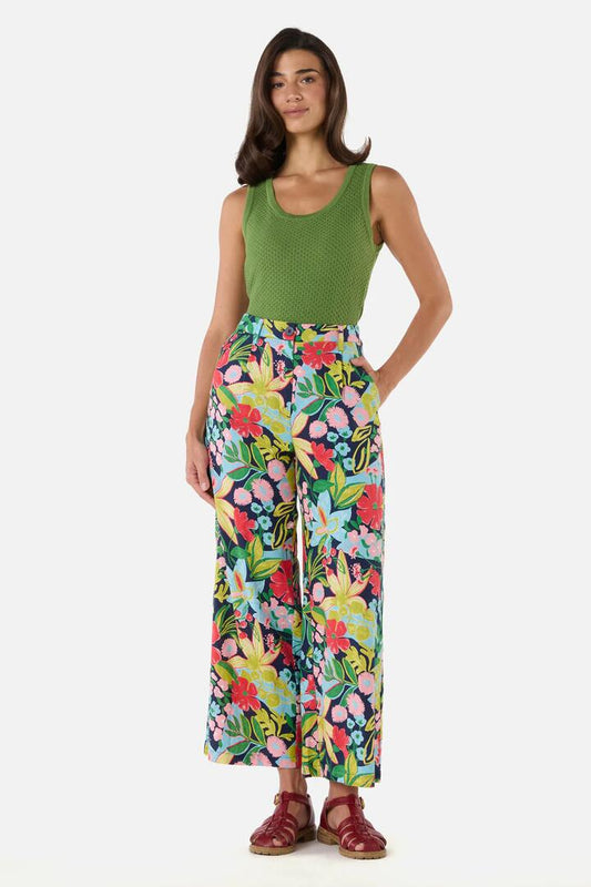 Image of a model wearing Pants. Productname: Lexi Floral Relaxed Pant in Navy colour by brand - Princess Highway