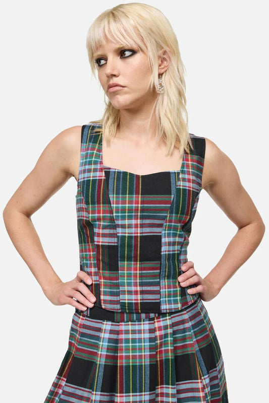 Image of a model wearing Tops. Productname: Hermit Goth Tartan Corset Top in Multi colour by brand - Dangerfield