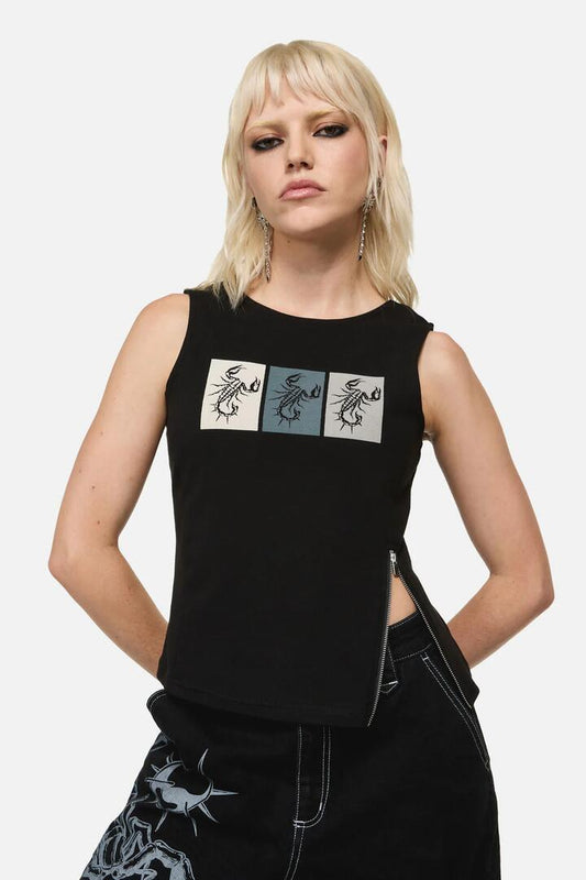 Image of a model wearing Tops. Productname: Dread Zipper Tank Top in Black colour by brand - Dangerfield