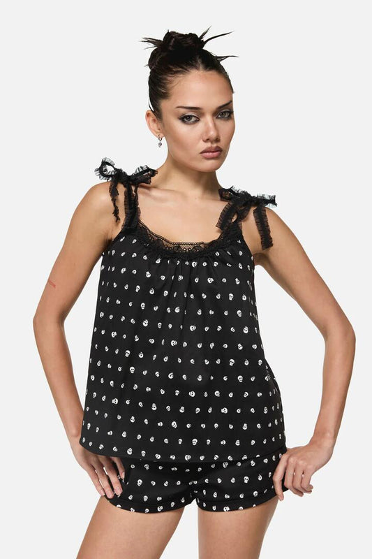 Image of a model wearing Tops. Productname: Cranium Goth Lace Tank Top in Black colour by brand - Black Friday