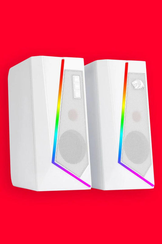 Image of Audio. Productname: Redragon GS520W Anvil White Vertical RGB Touch Control Desktop Speaker in White colour by brand - REDRAGON
