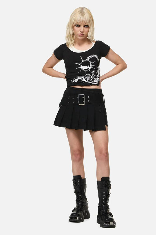 Image of a model wearing Skirts. Productname: Flamin Punk Belt Skort in Black colour by brand - Dangerfield
