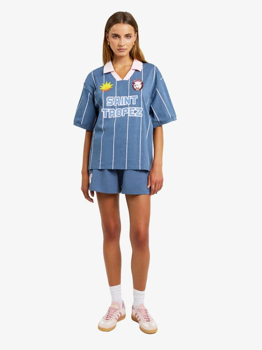 Image of a model wearing Tops. Productname: LIIDO Oversized Saint Tropez Polo Shirt in Saint Tropez Stripe colour by brand - LIIDO