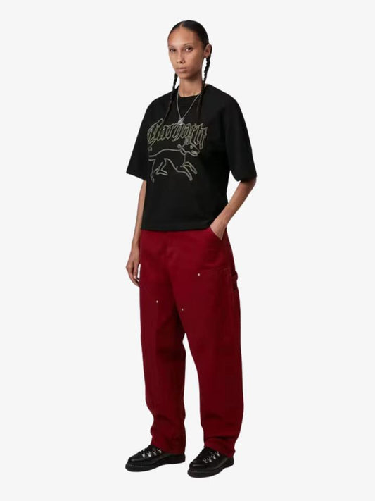 Image of a model wearing Tops. Productname: Carhartt Wip Womenâs Short Sleeve Hackwork T-Shirt in Black/ Air Yellow colour by brand - Carhartt Wip