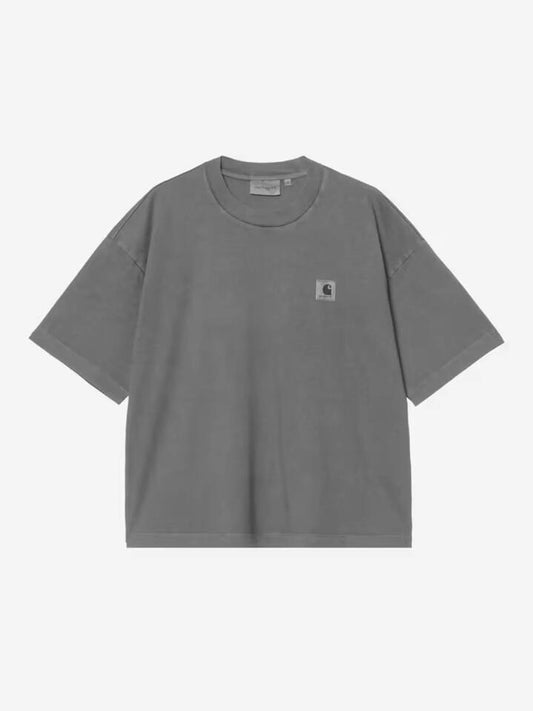 Image of a model wearing Tops. Productname: Carhartt Wip Womenâs Short Sleeve Nelson T-Shirt in Black Garment Dyed colour by brand - Carhartt Wip