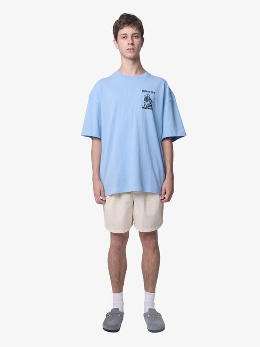 Image of a model wearing Tops. Productname: Deus The Heaviest Metal Tee in Powder Blue colour by brand - Deus