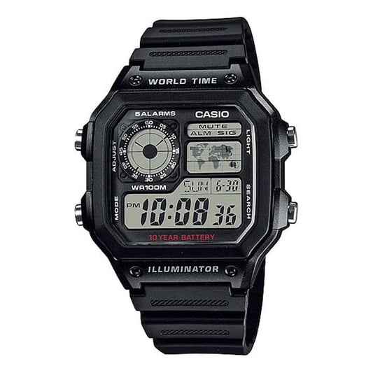 Image of Watches. Productname: Casio Black Digital World Time Watch AE1200WH-1A in Watch colour by brand - Bevilles