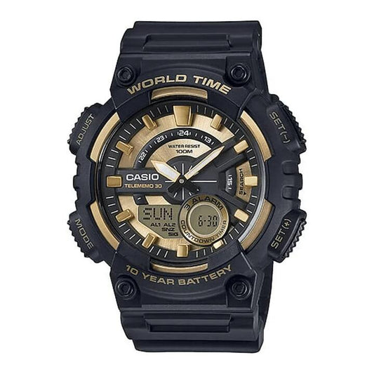 Image of Watches. Productname: Casio World Time Analog-Digital Black and Gold Watch AEQ110BW-9A in Watch colour by brand - Bevilles
