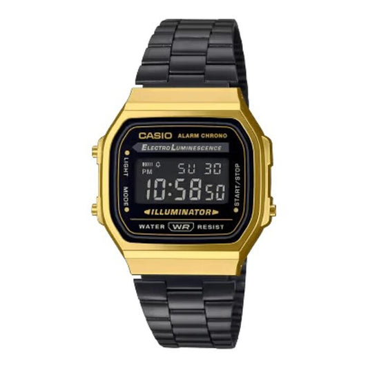 Image of Watches. Productname: Casio Vintage Digital Black and Gold Watch A168WEGB-1B in Watch colour by brand - Bevilles