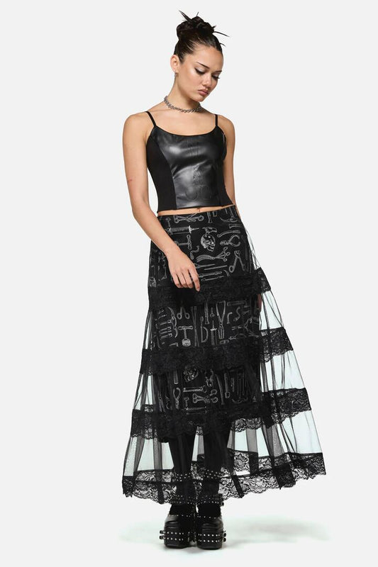 Image of a model wearing Skirts. Productname: Barbaric Goth Lace Midi Skirt in Black colour by brand - Black Friday