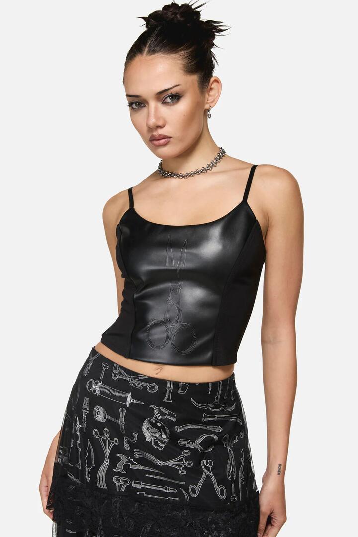 Image of a model wearing Tops. Productname: Snips Pu Goth Tank Top in Black colour by brand - Black Friday