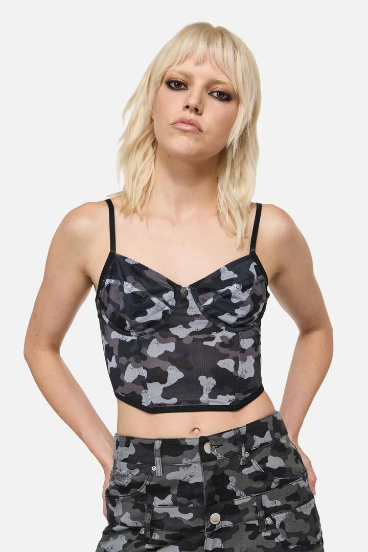 Image of Lingerie. Productname: Disruptive Camo Mesh Corset in Grey/Black colour by brand - Dangerfield