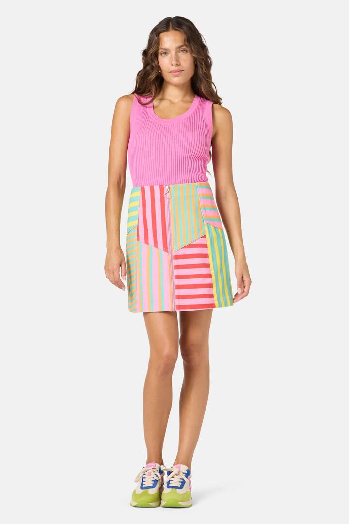 Image of a model wearing Skirts. Product name - Stripe Lover Denim Skirt in Print colour by brand - Gorman
