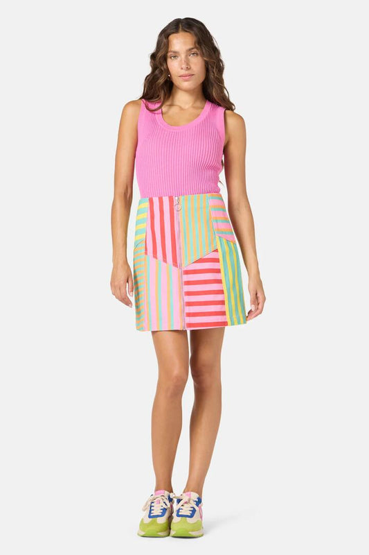 Image of a model wearing Skirts. Productname: Stripe Lover Denim Skirt in Print colour by brand - Gorman