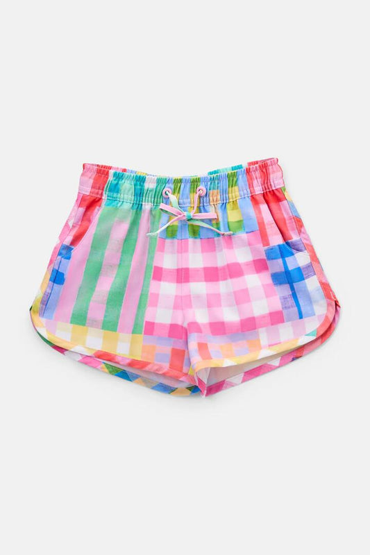 Image of a model wearing Shorts. Productname: Vichy Check Kids Swim Shorts in Multi colour by brand - Gorman
