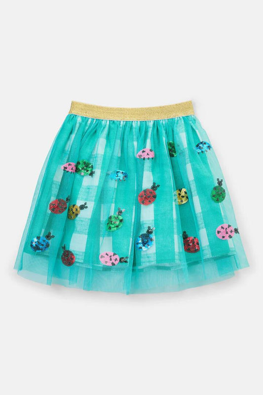 Image of a model wearing Skirts. Product name - Ladybug Gingham Sequins Kids Skirt in Mint colour by brand - Gorman