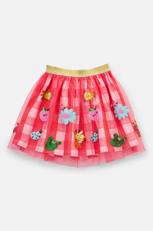 Image of a model wearing Skirts. Product name - Jumble Gingham Sequins Kids Skirt in Red colour by brand - Gorman